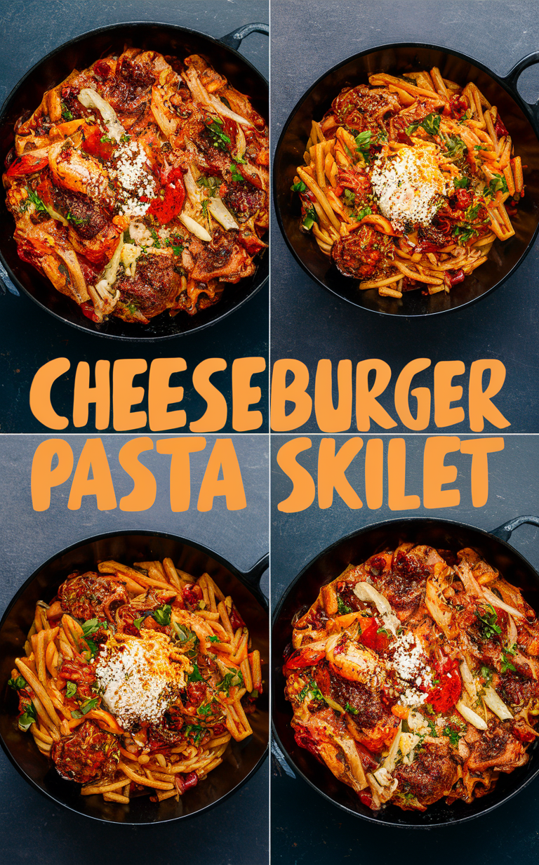 Cheeseburger pasta recipe, Easy cheeseburger skillet, One pot cheeseburger pasta, Ground beef pasta skillet, Creamy cheeseburger pasta