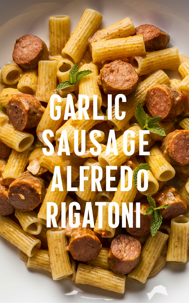 Garlic Sausage Rigatoni Recipe, Sausage Alfredo Pasta, Creamy Garlic Sausage Pasta, Alfredo Rigatoni with Sausage, Delicious Sausage Alfredo