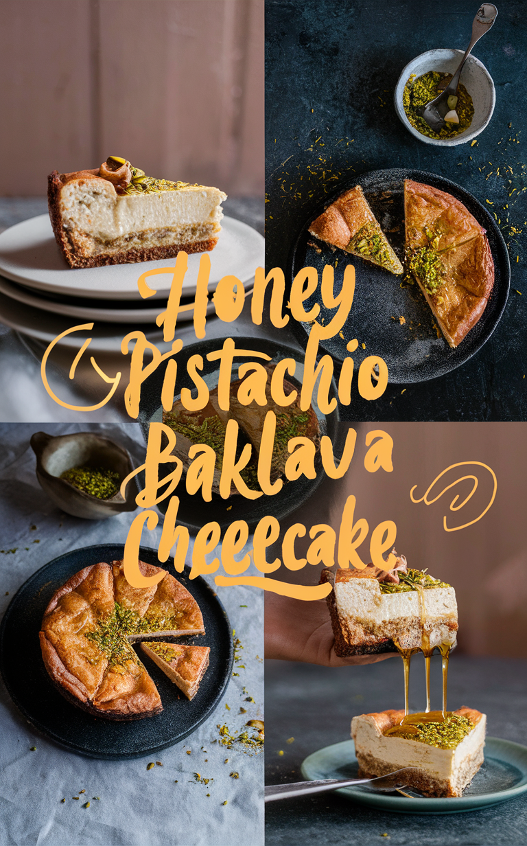 Honey cheesecake recipe, Pistachio baklava cheesecake, Gourmet dessert recipes, Traditional baklava dessert, Nutty cheesecake flavor