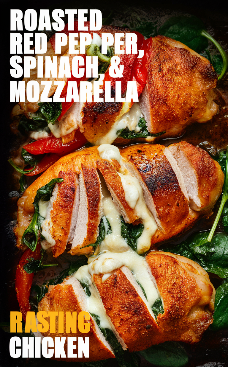 Roasted Pepper Stuffed Chicken, Spinach Mozzarella Stuffed Chicken, Stuffed Chicken Recipe, Roasted Pepper Chicken, Mozzarella Spinach Stuffed Chicken