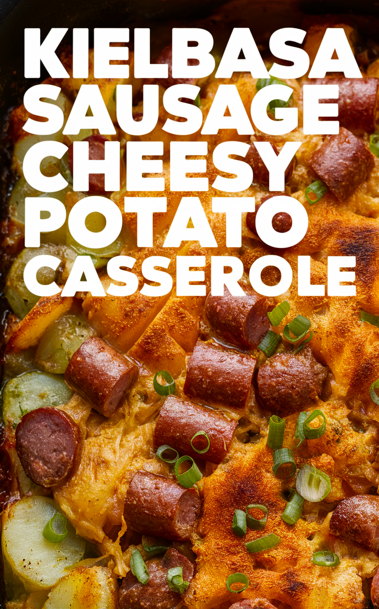 Sausage casserole, Cheesy potato casserole, Kielbasa recipe, Sausage and potato bake, Cheesy sausage bake