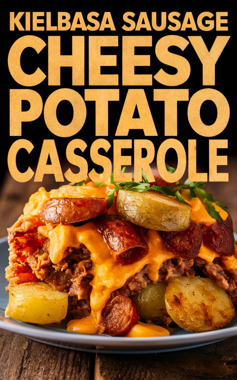 Kielbasa casserole, Cheesy potato casserole, Sausage potato bake, Kielbasa potato recipe, Cheesy sausage bake