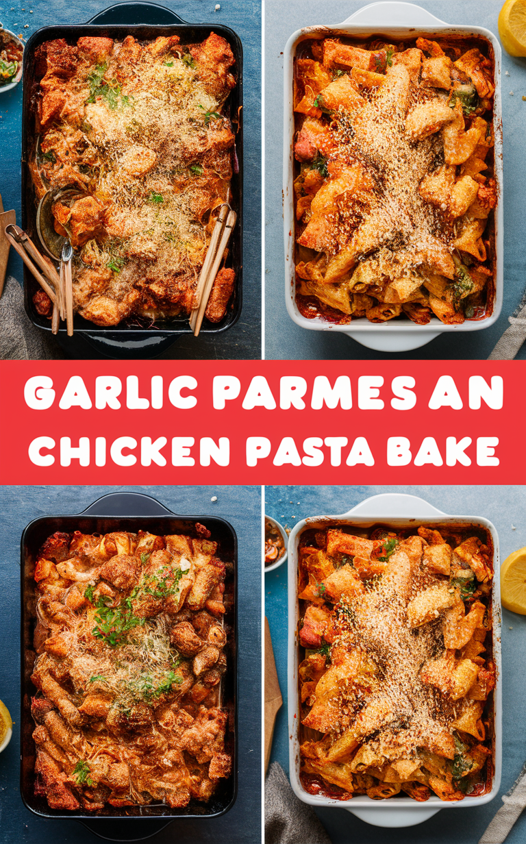 garlic parmesan chicken bake, chicken pasta bake recipe, easy chicken pasta bake, cheesy chicken pasta bake, delicious chicken pasta bake