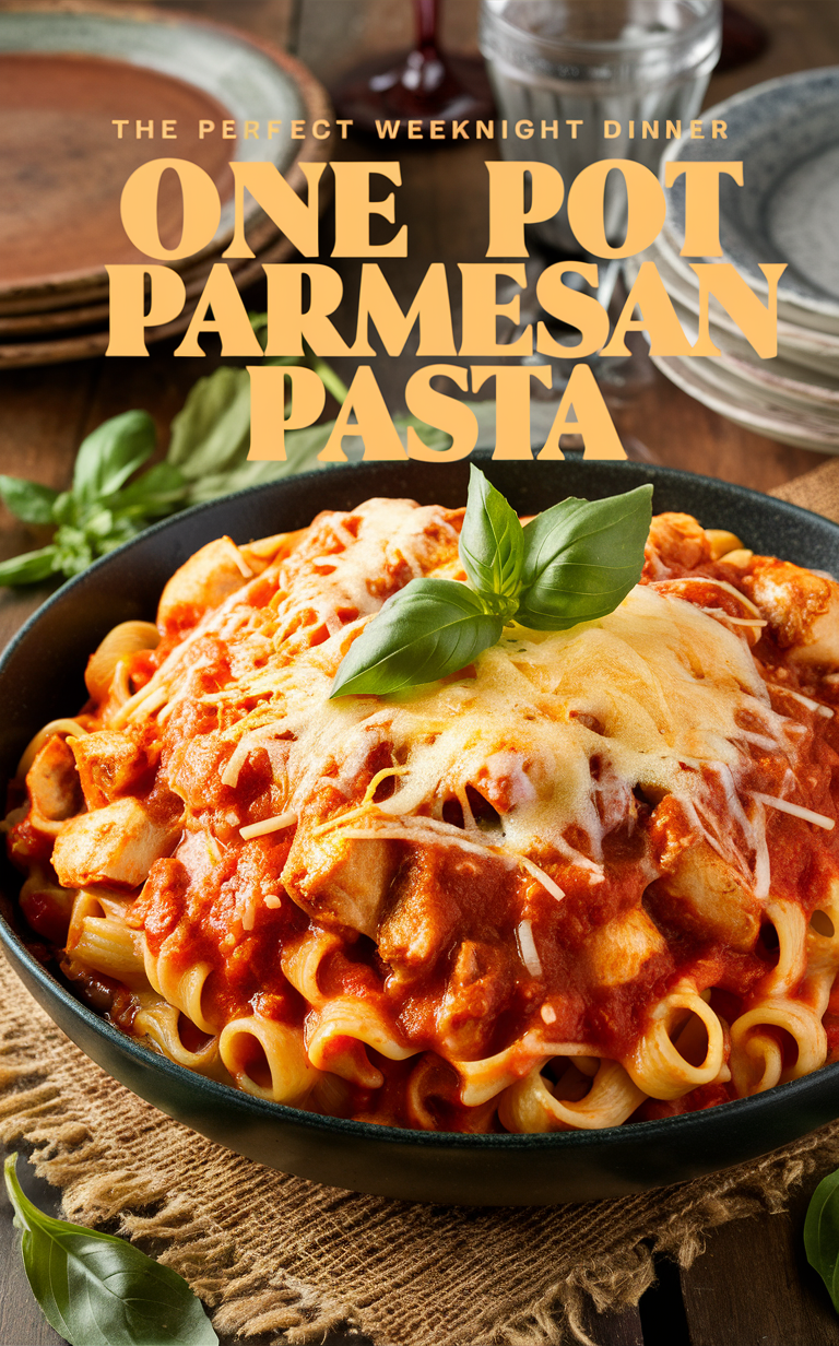 One Pot Chicken Parmesan Pasta, Chicken Parmesan recipe, Easy Chicken Parmesan, Weeknight Chicken Pasta, One Pot Pasta Recipe